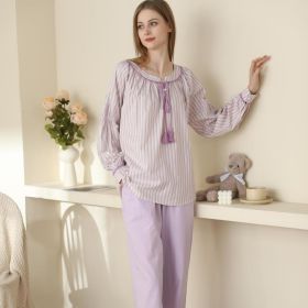 Pyjamas Women Korean Version Striped Round Neck With Simple Long Sleeve Trousers Set Cotton Home Wear