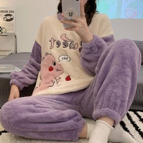 Embroidery Thickening Warm Drawstring Coral Velvet Pajamas Girls