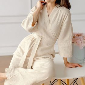 Cotton Crepe Pajamas Two-piece Loose Cardigan Lace-up Nightgown Ladies' Homewear (Option: Apricot-S)