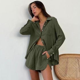 Pajamas Suit Loose Green Long-sleeved Shorts Women's Slub Cotton Home Wear (Option: Green-S)