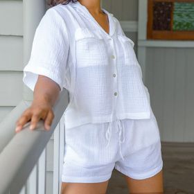 Short Sleeve Shorts Pajamas Crepe Cotton Breathable White Simple Comfortable Ladies Home Leisure Suit (Option: White-S)