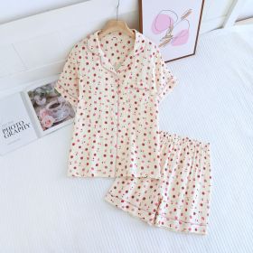 Crepe Cotton Lapel Short Sleeve Shorts Pajamas Suit (Option: Strawberry-M)
