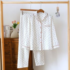 Women's Spring And Summer Double-layer Cotton Yarn Home Wear Suit (Option: White Idyllic Flower-M)