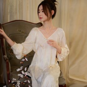 Chinese Style Women's Ice Silk Thin Loose-fitting V-neck Long Sleeves Nightdress (Option: Apricot-S)