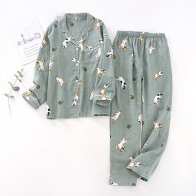 Women's Cotton Double-layer Gauze Long-sleeved Trousers Pajamas (Option: Men's Green Kitten-M)