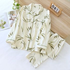 Women's Cotton Crepe Long-sleeved Trousers Home Wear Suit (Option: Beige-M)