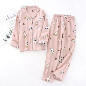 Women's Cotton Double-layer Gauze Long-sleeved Trousers Pajamas (Option: Pink Kitten Female-M)