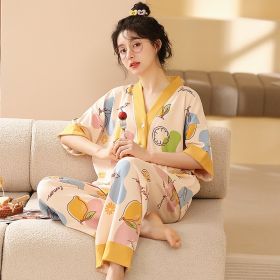Women's Pajamas Pure Cotton Short-sleeved And Trousers Cardigan Homewear (Option: 8353-L)