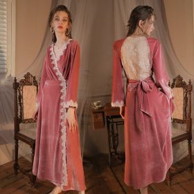 Hollow Lace Gold Velvet Morning Gowns Women's Bridal Extended Pajamas Spring And Autumn Wedding Red Nightgown (Option: Pink-M)
