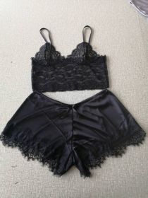 Lace Bra Split Two-piece Suit Pajamas (Option: Black-S)