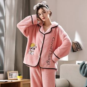 Autumn And Winter Flannel Women's Long Sleeve Fleece-lined Cartoon Pajamas (Option: Cameo Bear-XL)