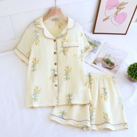 Crepe Cotton Lapel Short Sleeve Shorts Pajamas Suit (Option: A Bunch Of Flowers-XL)