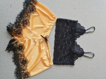 Lace Bra Split Two-piece Suit Pajamas (Option: Gold-XXL)