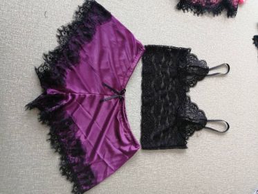 Lace Bra Split Two-piece Suit Pajamas (Option: Purple-XXXL)