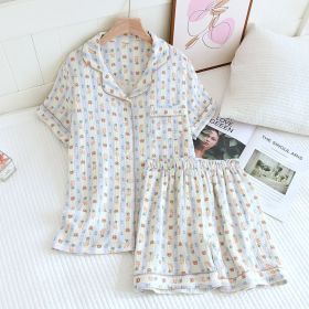 Crepe Cotton Lapel Short Sleeve Shorts Pajamas Suit (Option: Vertical Bear-XL)