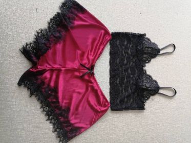 Lace Bra Split Two-piece Suit Pajamas (Option: Wine Red-XXXL)