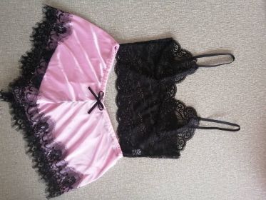 Lace Bra Split Two-piece Suit Pajamas (Option: Black Plus Pink-Free Size)