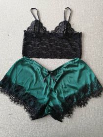 Lace Bra Split Two-piece Suit Pajamas (Option: Dark Green-Free Size)