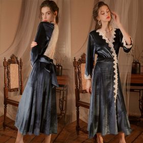Hollow Lace Gold Velvet Morning Gowns Women's Bridal Extended Pajamas Spring And Autumn Wedding Red Nightgown (Option: Gray-XXL)