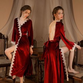 Hollow Lace Gold Velvet Morning Gowns Women's Bridal Extended Pajamas Spring And Autumn Wedding Red Nightgown (Option: Wine Red-M)