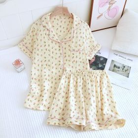 Crepe Cotton Lapel Short Sleeve Shorts Pajamas Suit (Option: A Pile Of Roses-L)