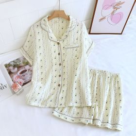 Crepe Cotton Lapel Short Sleeve Shorts Pajamas Suit (Option: Vertical Rose-L)