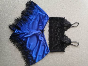 Lace Bra Split Two-piece Suit Pajamas (Option: Blue-XXXL)