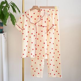Crepe Cotton Lapel Short Sleeve Shorts Pajamas Suit (Option: Beige Small Heart-L)